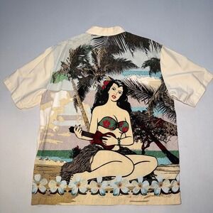 VTG Old Navy Aloha Hawaiian Shirt Mens Large Hula Girl Pin Up Tiki Rockabilly
